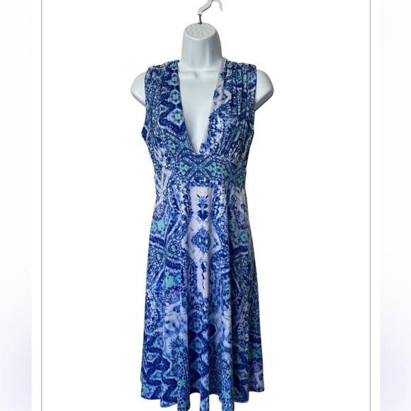 Veronica M Bosworth V Neck dress blue abstract mosaic print excellent Size M - Picture 1 of 13